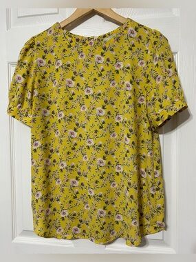 LOFT Women’s Yellow Floral Puff Sleeve Blouse Top Button Back Size S